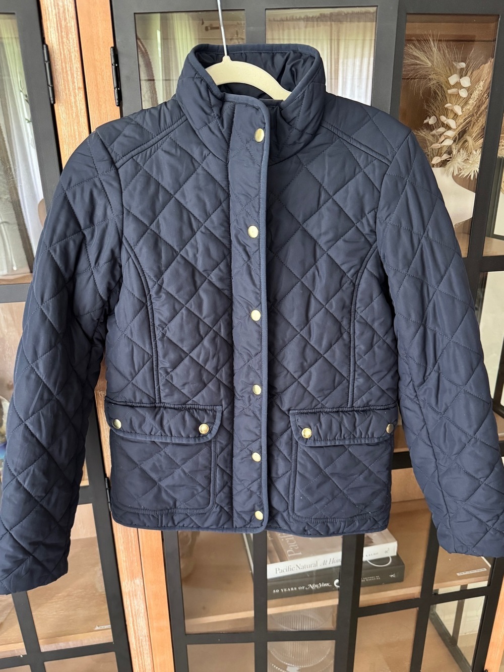 J. Crew navy quilted jacket zipper snaps pockets gold buttons - Picture 6 of 7